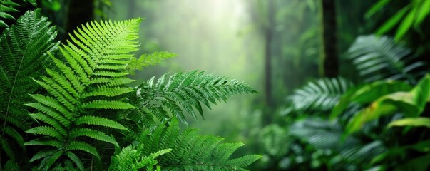 Rainforest scenes nature concept. Lush green ferns creating a serene atmosphere in a vibrant forest setting.