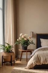 Cozy bedroom with elegant decor and fresh flowers in warm tones enhancing tranquility and comfort