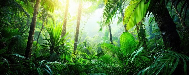 Rainforest scenes nature concept. Lush green jungle with sunlight filtering through the dense foliage in a tranquil setting.