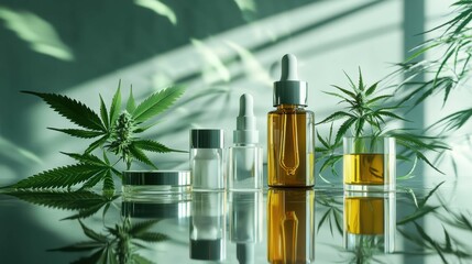 Fototapeta premium Elegant Display of Cannabis Oil Products with Greenery Background