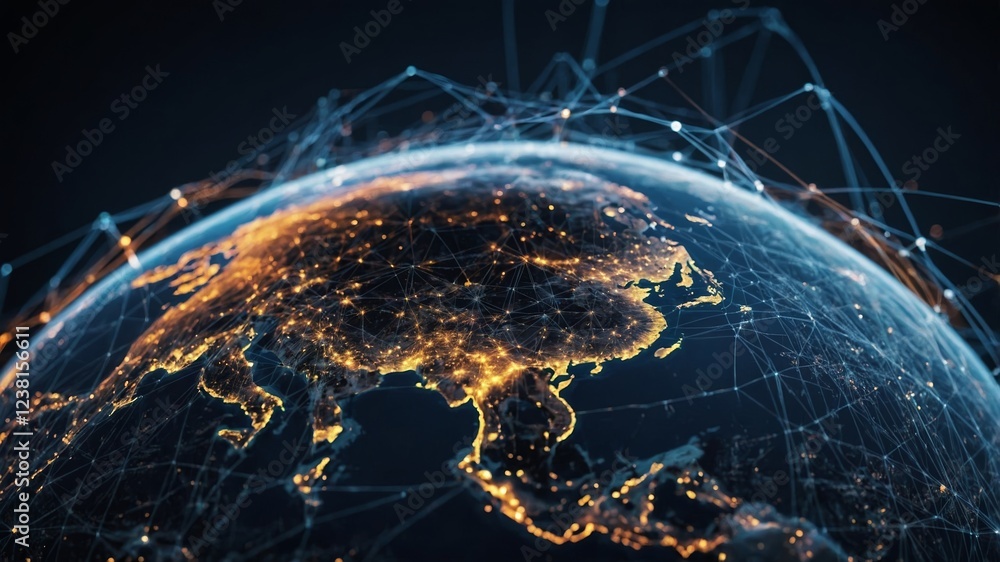 Poster view of a digitally connected asia illuminated at night with network lines and city lights enhancing