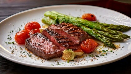 Perfectly Cooked Medium-Rare Steak with Green Asparagus and Roasted Cherry Tomatoes