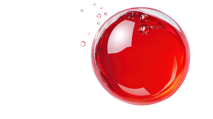 Shiny red sphere with bubbles floating on transparent background