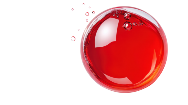 Shiny red sphere with bubbles floating on transparent background