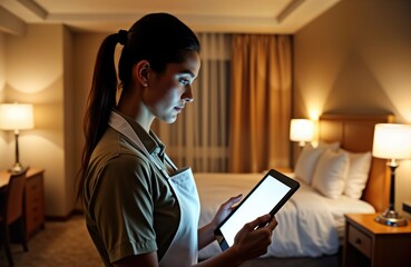 Hotel maid uses tablet in well-lit hotel room at night. Professional employee in uniform works, checks, manages tasks in modern tech way. Hospitality staff uses digital device in interior. Modern