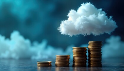 Cloud computing cost efficiency shown. Stacks of gold coins represent cost savings. White cloud cloud computing. Visual aids in pay-per-use models, resource optimization techniques in cloud