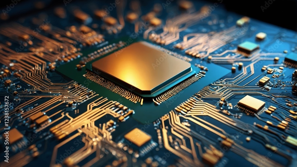 Poster detailed view of a microprocessor on a circuit board showcasing intricate design and technology adva