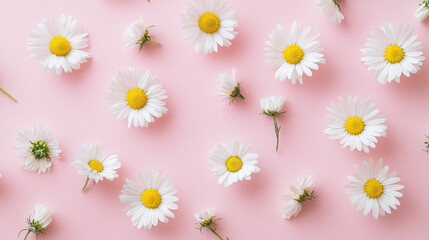 Obraz premium Minimalistic concept featuring white daisies or chamomile flowers on a soft pink background, perfect for creative flat lay compositions.