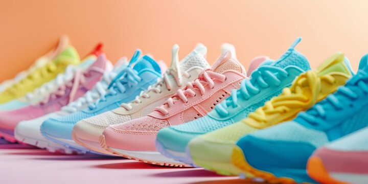 A row of trendy sneakers in different colors in a store shop. Modern Footwear Trends. Stylish Converse shoes. Sports and casual clothing style. Summer, spring fashion. Fitness, Running sport. Shopping