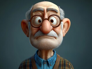 A close-up of an elderly man in cartoon style, featuring glasses and an expressive face, creating a humorous and endearing character design.