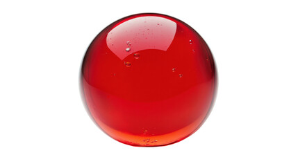Shiny red glass sphere with bubbles floating on transparent background
