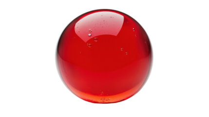 Shiny red glass sphere with bubbles floating on transparent background