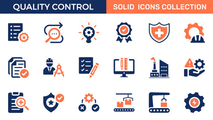 Quality control icon set. Containing inspection, evaluation, product, quality assurance, process, testing and more. Solid vector icons collection.