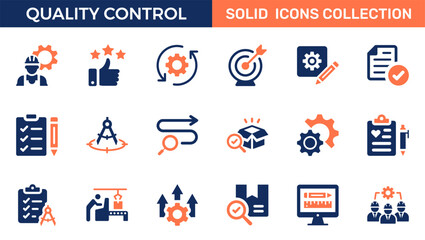 Quality control icon set. Containing inspection, evaluation, product, quality assurance, process, testing and more. Solid vector icons collection.