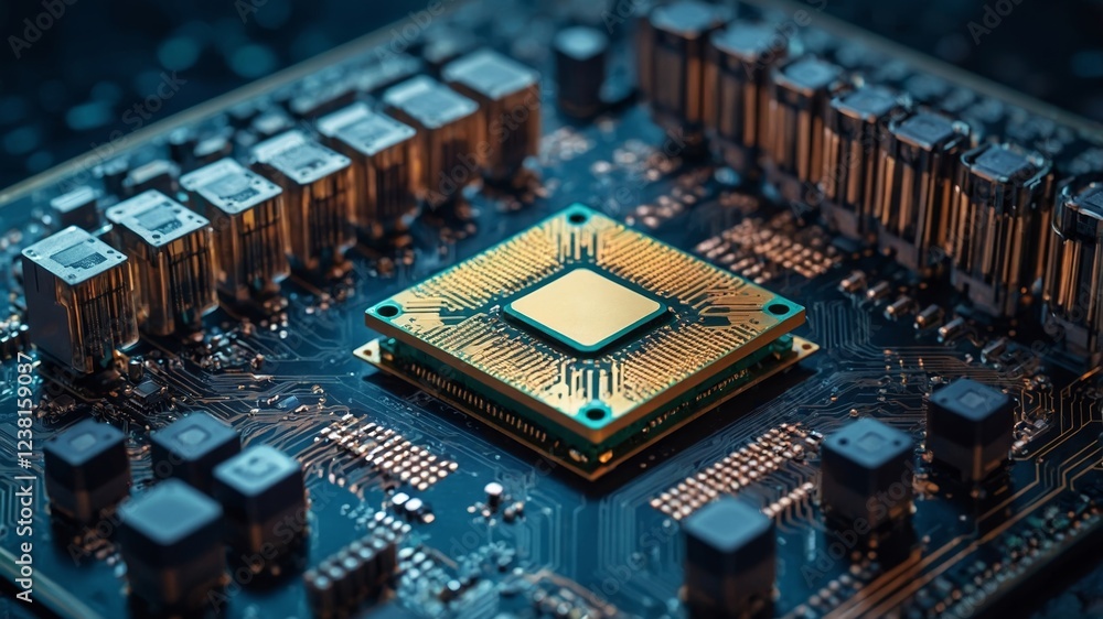 Poster close-up view of a computer processor on a circuit board highlighting technology and innovation in a