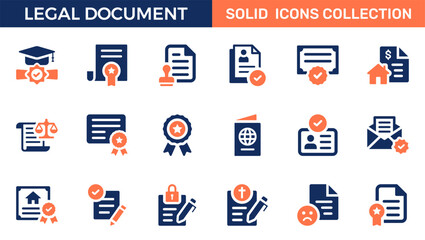 Legal document icon set. Containing contract, agreement, passport, ID card, certificate, license, patent, testament and more. Vector solid icons collection.