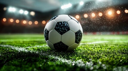 Fototapeta premium Soccer Ball on the Field: A Thrilling Night Game Under Stadium Lights