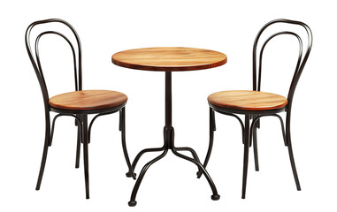 Fototapeta premium Classic round wooden table with metal legs and chairs, isolated on transparent cutout background 