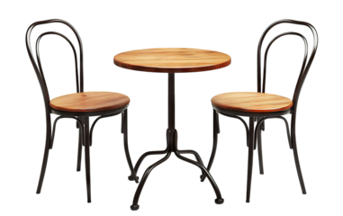 Classic round wooden table with metal legs and chairs, isolated on transparent cutout background

