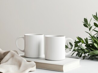 Fototapeta premium A mockup of two white mugs, one on top of the other, placed side by side, with books beside them on the table, in a front view, against a light gray background