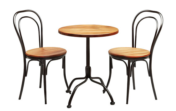 Classic round wooden table with metal legs and chairs, isolated on transparent cutout background
