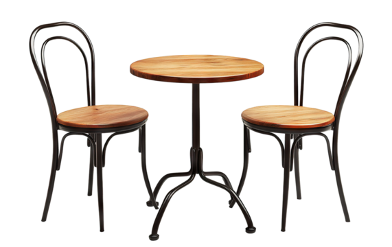 Classic round wooden table with metal legs and chairs, isolated on transparent cutout background
