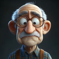 A cartoon-style elderly man with glasses and a concerned expression, adding a humorous and whimsical touch to his character design.