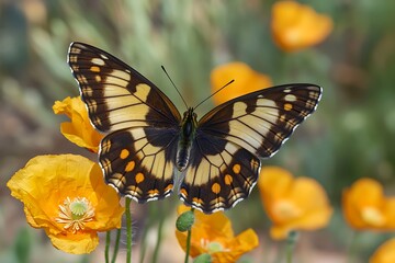 Fototapeta premium A Golden Dawn butterfly, its wings the color of morning light, on early blooming golden poppies.