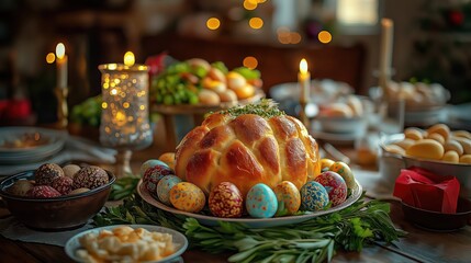 Traditional Easter feast with bread and decorated eggs