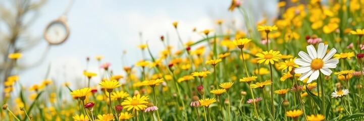 Obraz premium spring field of flowers blooming yellow and pink wildflowers, sunflower, tulip