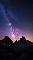 Stunning Celestial View of the Milky Way Over Dramatic Mountain Peaks, Captured in Rich Blues and Starry Details, Ideal for Night Sky Enthusiasts

