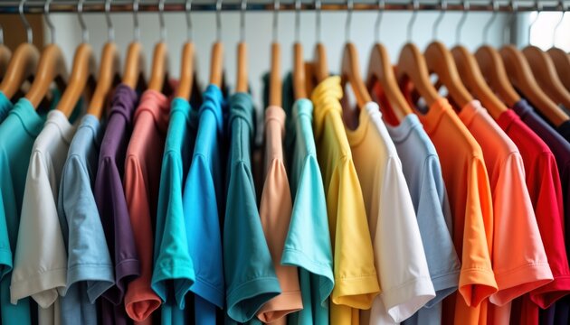Colorful t-shirts hang on clothes rack. Assortment of various colors. Display of trendy casual attire. Variety of colors. Stylish apparel selection. Stylish clothing concept. Wide range of clothing