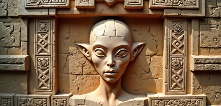 Ancient Aztec temple wall features alien face carving. Intricate stonework displays unusual mixture of ancient, extraterrestrial imagery. Possible depiction of mythical encounter. Stone carving shows