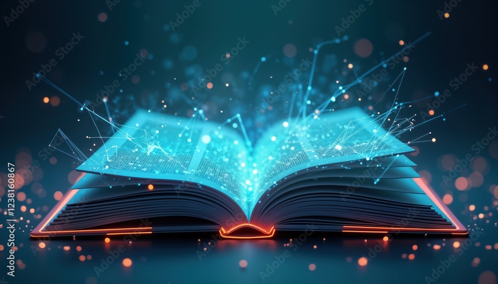 Poster futuristic open book glows with digital tech. polygonal lines, glowing particles form tech-enhanced 
