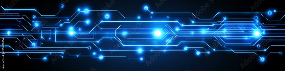Poster dynamic background with glowing circuit lines in vivid blue, abstract technology illustration.