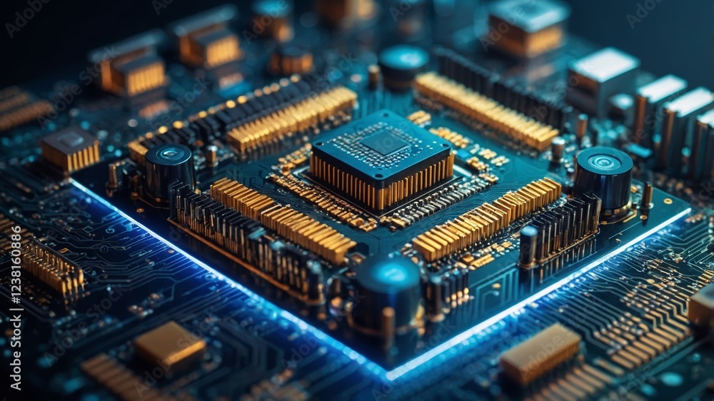Poster close-up view of a modern microprocessor showcasing intricate details of a circuit board and gold co