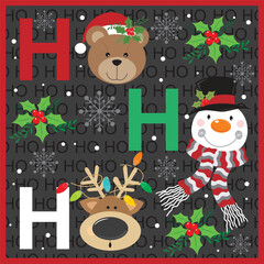 Christmas card with bear, snowman, reindeer and ho ho ho