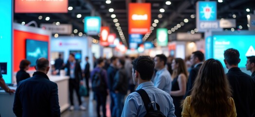 Busy trade fair expo with diverse crowd. People interact at booths. Products, services on display. Vibrant banners, tech displays. Lots of engagement, networking opportunities. Great atmosphere for