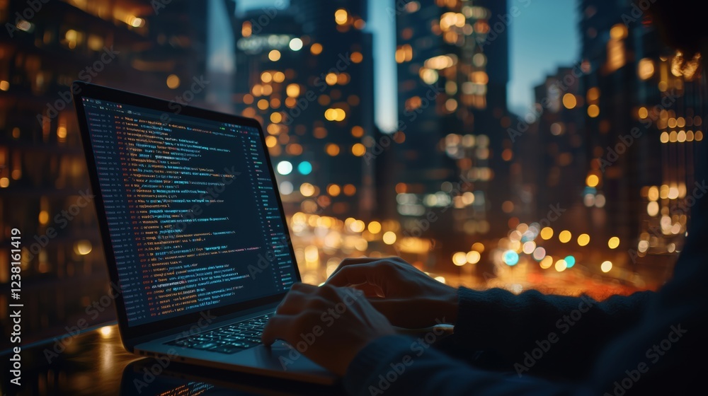 Poster close-up view of hands typing on laptop with code displayed in front of cityscape at night with blur