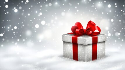 Festive silver gift box with red ribbon winter wonderland digital art snowy background close-up celebration