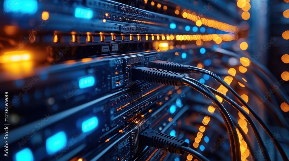 Poster close-up view of network cables connected to servers in a data center with illuminated led lights di