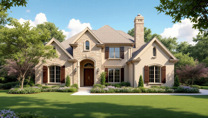 Luxury European-Style French Country House with Stone Facade and Manicured Lawn