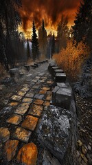 Autumnal Stone Path: A Serene Forest Walk at Sunset