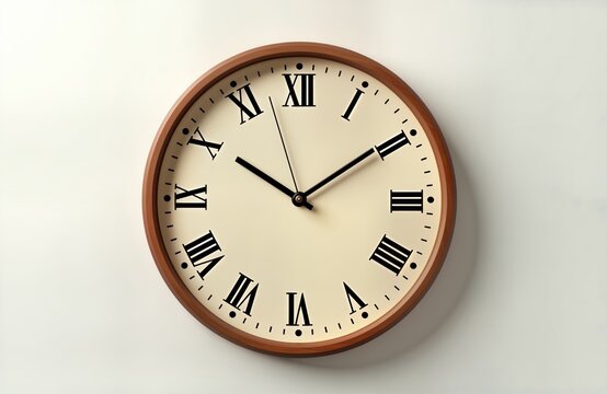 Elegant round wall clock with roman numerals, wooden frame. Sophisticated design makes stylish timekeeping instrument. Accurate quartz movement ensures precise timekeeping. Classical look complements