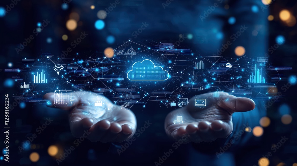 Poster futuristic digital interface concept with cloud technology and data visualization on hands against d