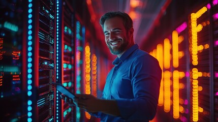 Smiling Male IT Technician in Data Center with Blue Shirt Holding Tablet Surrounded by Colorful Server Racks and Bright LED Lights