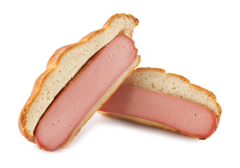 A sausage in dough cut lengthwise isolated on a white background.