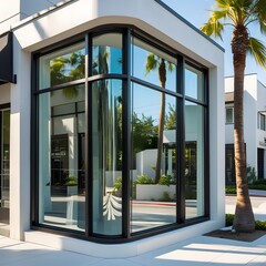 Corner Building With Large Glass Windows and Tropical Landscaping