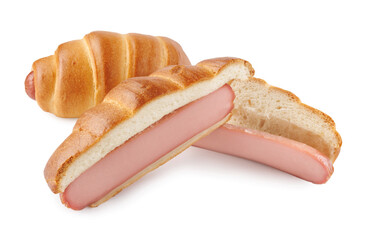 Cut lengthwise and whole sausages in dough isolated on white background.