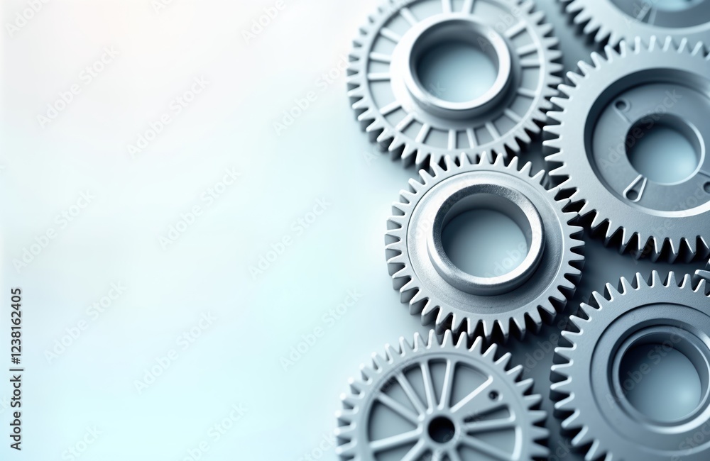 Poster close-up view of metallic gears. silver cogs meshing together. intricate design shows precision engi